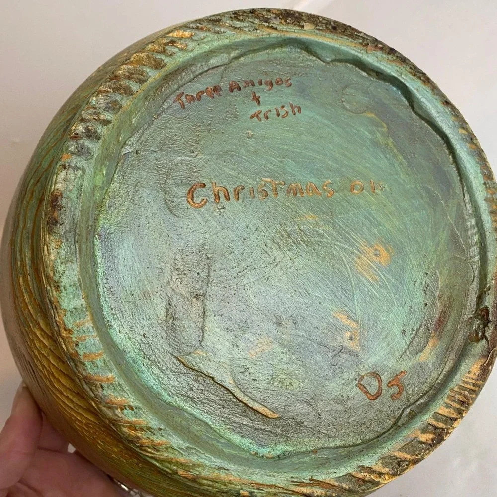 Vintage Handcrafted Rustic‎ Wood Bowl Green Brown Distressed Farmhouse Boho